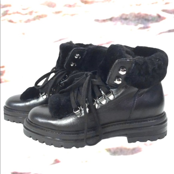 Last HTF Elena Solano Fur Leather Black Combat Ankle Boot NWT - Picture 5 of 12